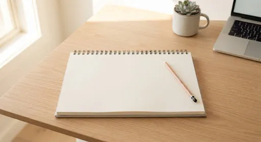 A clean, minimalist flat lay of a blank professional sketchbook and a sharpened graphite pencil resting on a light oak desk.