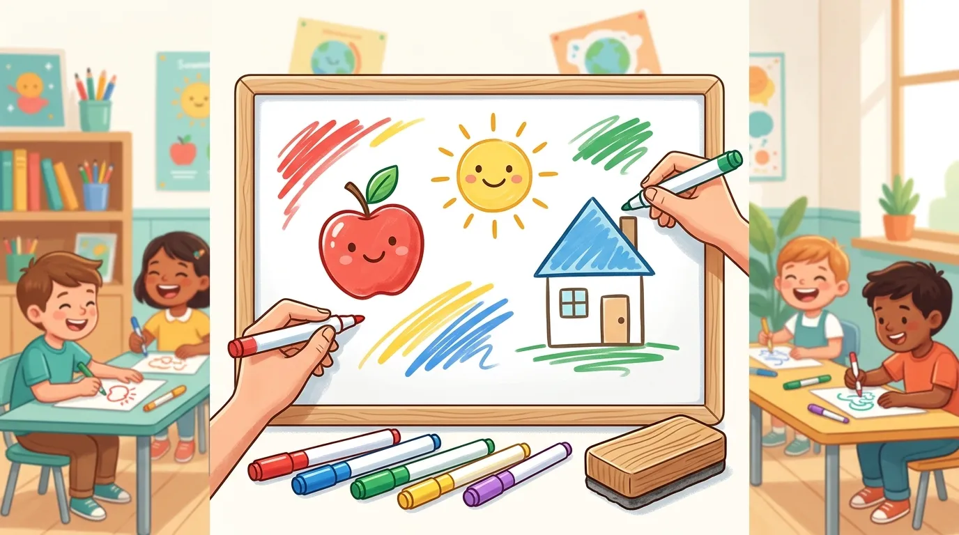 Kids laughing and enjoying a drawing game together.